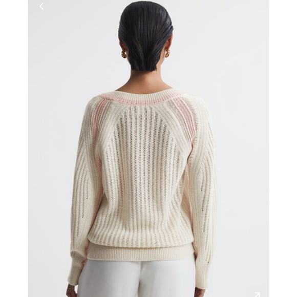 Reiss Vale Wool Blend Knitted V-Neck Sweater Cream Relax Fit Women's M - Picture 7 of 12